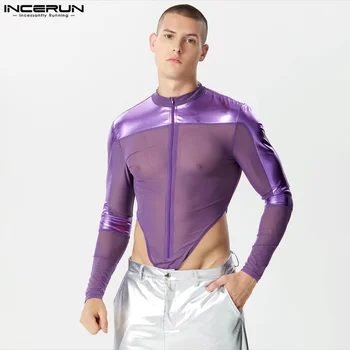 Erkek Bodysuits Mesh Patchwork Parlak Fermuar O-boyun Uzun Kollu Erkek Bodysuit Streetwear 2023 Şeffaf Moda Tulum INCERUN