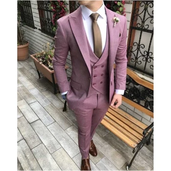 Renkli Erkek Takım Elbise Klasik Fit Düğün Damat Kıyafet Tepe Yaka Smokin Moda Balo Parti giyim seti (Ceket + Yelek + Pantolon)