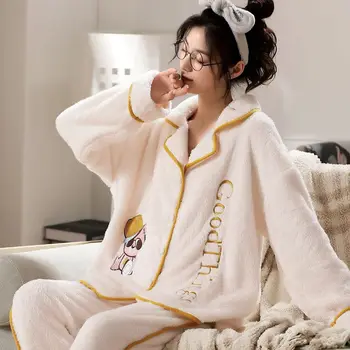 Sonbahar Kış Yeni Sıcak Pazen kadın Pijama Seti Uzun kollu Pantolon İki adet Takım Elbise Sevimli Yumuşak Gecelik Sıcak Kalın Pijama