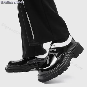 Siyah Ekleme Lace up erkek ayakkabısı Katı Patent Deri Kare Ayak erkek ayakkabısı Aşınmaya Dayanıklı Ayakkabı Büyük Boy 38-44 Zapatillas Mujer