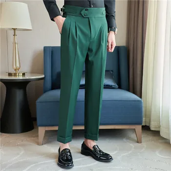 Kore Moda Yüksek Belli Takım Elbise Pantolon Erkekler için Rahat İş Düz Pantolon Ofis Sosyal Düğün Damat Pantolon Erkek Giyim