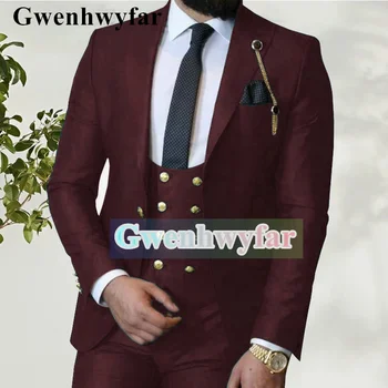 Gwenhwyfar 2023 Sonbahar Yeni Moda Tasarım erkek Takım Elbise Damat Balo Şarap Kırmızı Smokin Sağdıç Takım Elbise Ceket 3 Parça Düğün Takım Elbise Homme