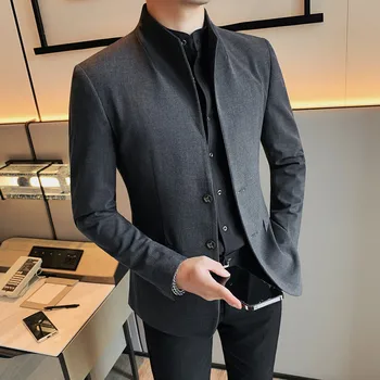 2023 Sonbahar Çin Tarzı Standı Yaka Takım Elbise Ceketler Erkekler Moda İnce Rahat İş Elbise Blazers Düğün Sosyal Kostüm Homme