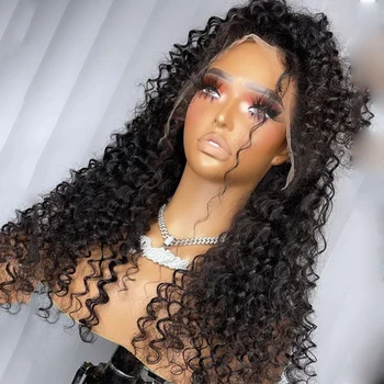 26 inç Siyah Renk Yumuşak 180 % Yoğunluk Uzun Kinky Kıvırcık Dantel ön peruk Siyah Kadınlar İçin Bebek Saç Tutkalsız Önceden Koparıp Günlük peruk