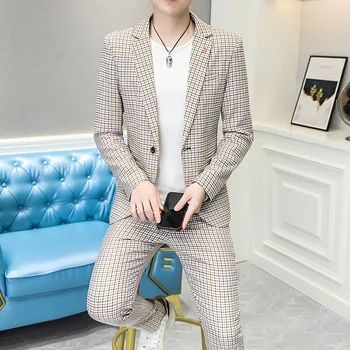 2023 Yüksek Kaliteli Yeni Rahat (takım elbise + Pantolon) Erkek Modası Genç Yakışıklı Kore Versiyonu İnce Takım Elbise iki parçalı Set Düzenli