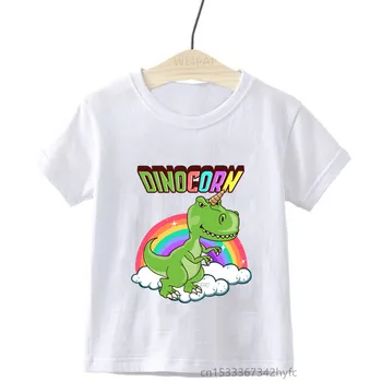 Çocuklar gökkuşağı ünikorn Dinozor baskılı T-Shirt Erkek Kız T-Shirt Yürümeye Başlayan Çocuk Komik Sevimli Hediye T-Shirt