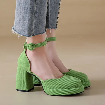 Yeşil Yüksek Topuklu Kadın Pompaları 2023 Sonbahar Ayak Bileği Sapanlar Tıknaz Platformu Mary Jane Ayakkabı Kadın Kadife Kalın Topuklu parti ayakkabıları