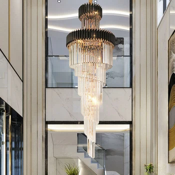 Büyük üst uzun kristal Led avizeler otel salonu oturma odası lüks çok katmanlı merdiven aydınlatma siyah paslanmaz çelik ışık