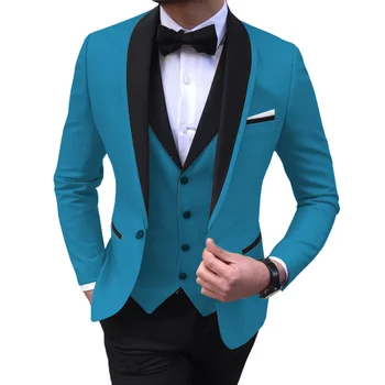 Mavi Yarık Erkek Takım Elbise 3 Parça Siyah Şal Yaka Casual Smokin Düğün Groomsmen Takım Elbise Erkekler 2023 (blazer + yelek + pantolon)