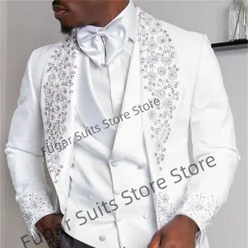 Lüks Beyaz Kristal Lüks Boncuk Erkek Takım Elbise Slim Fit Şal Yaka Düğün Smokin 3 Parça Setleri Zarif Erkek Blazer Kostüm Homme
