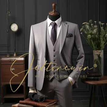 Ceket Pantolon Moda Düz Renk Erkek Resmi Rahat İş Ofis Takım Elbise 3 Adet Set Damat düğün elbisesi Parti Kostüm Homme