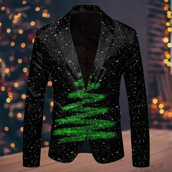 Erkekler Noel Blazer Kar Tanesi Santa Baskılı Cep Yaka Düğmesi Takım Elbise Ceket 2023 Yeni Sonbahar Kış Moda erkek Ceket Takım Elbise