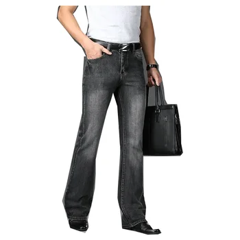 Calças de brim flare masculino sino inferior azul preto solto tamanho grande clássico moda casual boot corte queimado denim