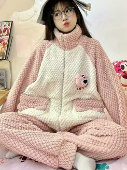 Kış Sıcak Giysiler Uyku Pijama Kadın Eşleşen Pijama Kadın İki Parçalı Set Ev Takım Elbise Pazen kadın İç Çamaşırı