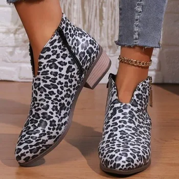 Kadın ayakkabısı 2023 Artı Boyutu kadın Botları Ayak Bileği Modern Çizmeler Kadın Yan Zip Leopar Baskı Sivri Burun Kare Topuk Ayakkabı Kadın