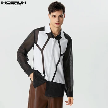 Erkek Gömlek Örgü Patchwork Yaka Uzun Kollu Streetwear Erkek Giyim Şeffaf 2023 Renk bloğu Moda Rahat Camisas INCERUN