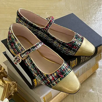 Kadın Flats Zarif Bayanlar Örgü Ayakkabı İlkbahar Sonbahar Vintage Düşük Topuk 3cm Patchwork düz ayakkabı Fransız Tarzı Mary Janes
