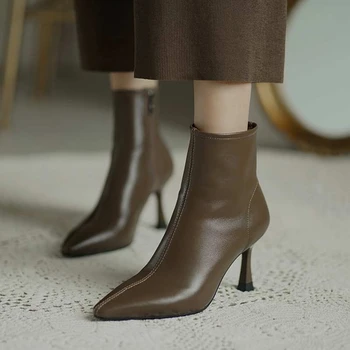 2023 Sıcak Satış Ayakkabı Kadın Ayak Bileği bayan Botları Zarif Modern Çizmeler Kadınlar Katı Dikiş Fermuar Sivri Burun İnce Topuk Ayakkabı Kadın