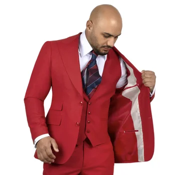 Klasik Kırmızı Düz Renk Erkek Takım Elbise Slim Fit 3 Parça Yelek Blazer Pantolon Setleri / Ismarlama Düğün Balo Erkek Ceket / Rahat Günlük Kıyafet