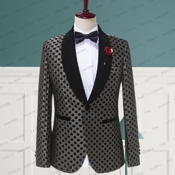 2023 Yeni Moda Jakarlı Çiçek Bir Düğme Polka Dots Smokin Siyah Kadife Şal Yaka Damat Erkekler Düğün Takım Elbise Ceket Ceket Blazer
