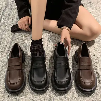 Yuvarlak Ayak Kadın Ayakkabı Sonbahar Kadın Ayakkabısı Modis sneaker Oxfords Loafer'lar Kürk Takunya Platformu İngiliz Tarzı Siyah Fl