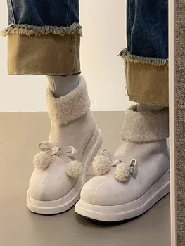 Kadınlar İçin kar Botları Kış Ayakkabı Botları - Kadın Ayakkabı Yuvarlak Ayak Düz Topuk Peluş 2023 Med Bayanlar Ayak Bileği Kürk Lolita