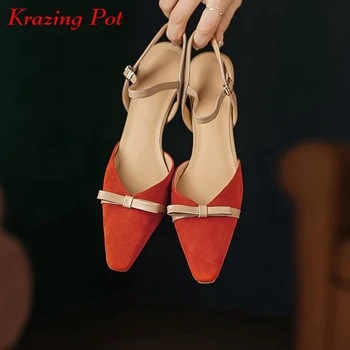 Krazing Pot Koyun Süet Sığ Yaz Ayakkabı Kelebek-düğüm Tasarım Kare Ayak İnce Med Topuklu Toka Sapanlar Slingback Kadın Pompaları