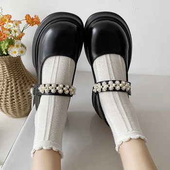 Moda İnci Kristal Mary Jane Ayakkabı Kadın PU Deri Kanca Döngü Kalın Topuk Pompaları Kadın 2023 Sonbahar Platformu Siyah Lolita Ayakkabı