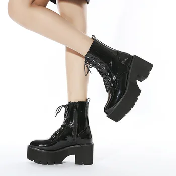 2023 Sonbahar Büyük Boy kadın Patik Kalın Topuk Platformu yarım çizmeler İngiliz Tarzı Patent Deri Yan Fermuarlar kadın ayakkabısı