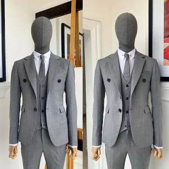 Gri erkek Takım Elbise Özel Yapılmış 3 Adet Blazer Yelek Pantolon Bir Düğme Doruğa Yaka İnce Yumuşak İş Düğün Artı Boyutu Özel