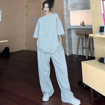 Kadın Pijama Setleri Moda Yaz Yeni Katı Yarım Kollu Üstleri Rahat Pijama Gevşek Geniş Bacak Pantolon 2 Parça Set kadınlar İçin