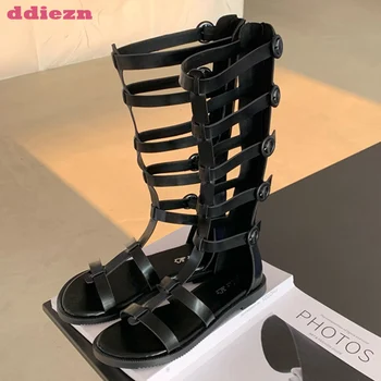 Kadın Diz Yüksek Çizmeler Ayakkabı Gladyatör Açık Kadın Fermuarlar Moda 2023 Yeni Yaz Ayakkabı Bayanlar Uzun Sandalet Botları