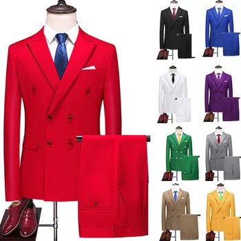 14 Renk (Ceket + Pantolon) 2023 Yeni Katı Renkler Kruvaze Takım Elbise 2 Parça Set Resmi İş İnce Erkek Sahne Düğün Smokin
