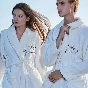 Kişiselleştirilmiş Kadın Erkek Kalın Sıcak Flanel Bornoz Mercan Polar Kıyafeti Kış Sabahlık Özel Çift Kimono Pijama