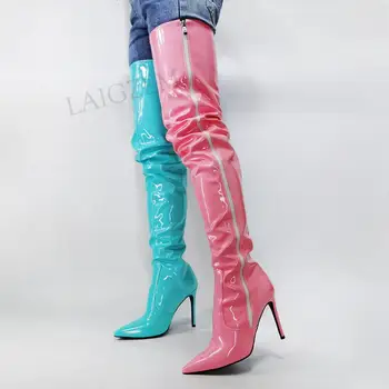 SEIIHEM MODA Kadın Uyluk Yüksek Çizmeler Yan Zİp Yüksek Topuklu Parlak Diz Çizmeler Üzerinde Cosplay parti ayakkabıları Kadın Büyük Boy 36 43 44 47