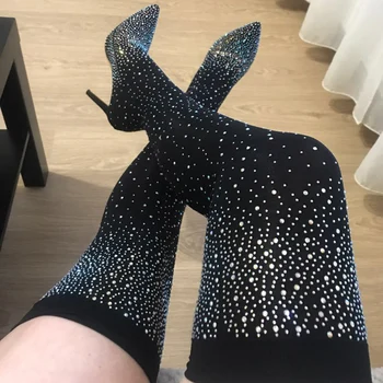 2023 Kadın Diz Üzerinde Yüksek Uyluk Çorap Çizmeler 11.5 cm Yüksek Topuklu Kristal Elmas Striptizci Uzun Uyluk Fetiş Çizmeler Fetiş Ayakkabı