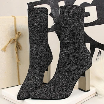 BIGTREE Ayakkabı Kadın Elastik Çorap Çizmeler Metal Blok Topuk Kadın Botları Seksi Yüksek topuk Çizmeler 2023 Yeni Kadın yarım çizmeler Artı Boyutu 43