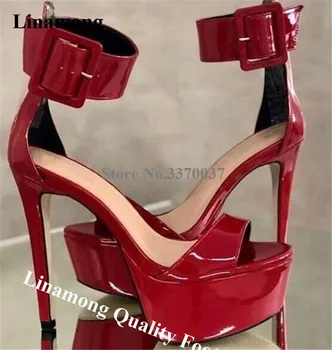 Lınamong Zarif Burnu açık Rugan Yüksek Platform Stiletto topuklu sandalet Kırmızı Ayak Bileği Kayışı Toka yüksek topuklu sandalet Elbise Ayakkabı