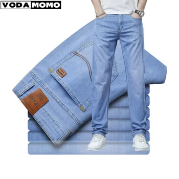 Klasik Stil Yaz erkek Açık Mavi İnce Düz Kot İş Rahat Streç Kot Pantolon Erkek Marka Gevşek Pantolon kot