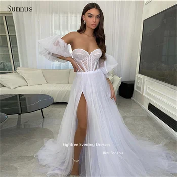 Sumnus Seksi düğün elbisesi Illusion Straplez Tül Uzun Bir Çizgi Yüksek Yan Yarık Plise Mini Vestidos De Novia Robe De Mariée 2023