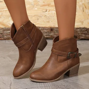 2023 Vintage Çizmeler Kadın Toka pu ayakkabıları Kadın kısa çizmeler Kare Topuklu Moda Sivri Burun Ayak Bileği Tüm Maç Nefes Yeni