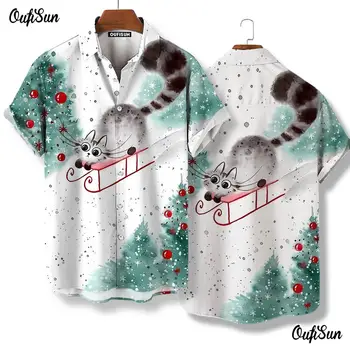 Yaz Kısa Kollu erkek gömleği Moda Karikatür Kedi 3d Baskı Streetwear Yaka Gömlek Büyük Boy Açık Rahat Erkek Giyim
