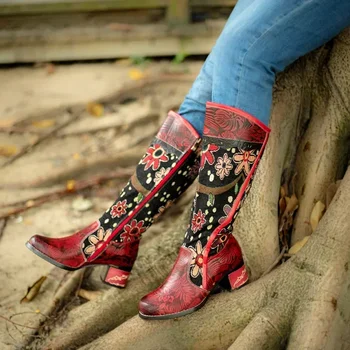 4 cm Pamuk Kumaş Hakiki Deri Çizmeler Kadın Bayanlar Tıknaz Topuklu Artı Boyutu Fermuar Sonbahar Bahar Ayak Bileği Diz Yüksek Ayakkabı