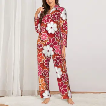 Çiçek Güç Pijama Sonbahar Hippi Çiçek Estetik Büyük Boy Pijama Seti Bayan Uzun Kollu Sıcak Günlük Tasarım Kıyafeti