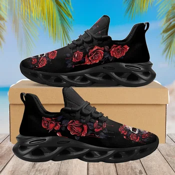 INSTANTARTS Yeni Trend Bayan Erkek Genç koşu ayakkabıları Vintage Çiçekli Kafatası Yastık Örgü Sneakers Düşük Sığ Yürüyüş Ayakkabısı