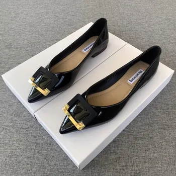 SLTNX Bahar Sonbahar Siyah Ayakkabı Sivri Düz Tek Ayakkabı Patent Deri Rahat Yumuşak Taban Fasulye Ayakkabı Büyük Boy kadın ayakkabısı