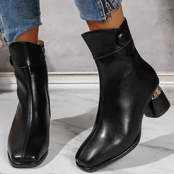Bayan Ayakkabıları Satılık 2023 Yeni Yan Fermuar bayan Botları Kış Kare Ayak Düz Kısa Varil Tıknaz Topuk Artı Boyutu Çıplak Çizmeler