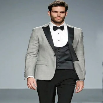 Moda ışık gri Damat Smokin Tepe Yaka Groomsmen Erkek Düğün giyim Mükemmel adam Ceket Blazer 3 parça Suit (ceket+pantolon+Ettık