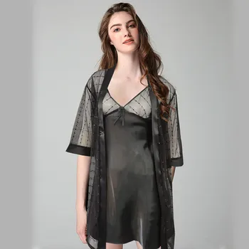 Bayan Pullu Elbise Seti Saten Pijama Düğün Bornoz Seksi Örgü Gecelik Çin Kadınlar 2 ADET uyku tulumu Kimono Banyo Elbisesi