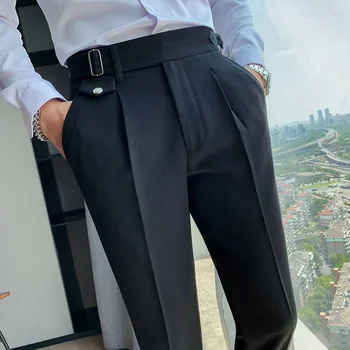 İngiliz Tarzı Yeni Katı Yüksek Bel Takım Elbise Pantolon Erkekler İş resmi giysi Pantolon 2024 Yüksek Kaliteli İnce Rahat Ofis Takım Elbise Pantolon